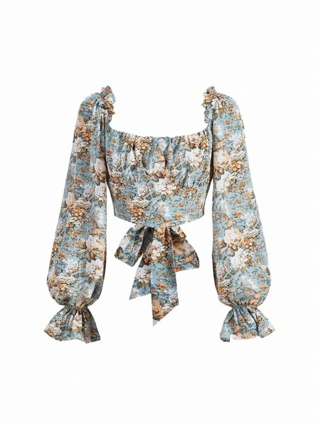 women's blouses & shirts mod allover floral print ruched bust flounce sleeve c47g#, White
women's blouses & shirts mod allover floral print ruched bust flounce sleeve c47g#, White