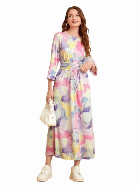 casual dresses tie dye drop shoulder lace up belted dress 38da#, Black;gray