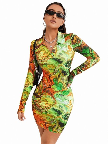 casual dresses allover print collared bodycon dress o4da#, Black;gray