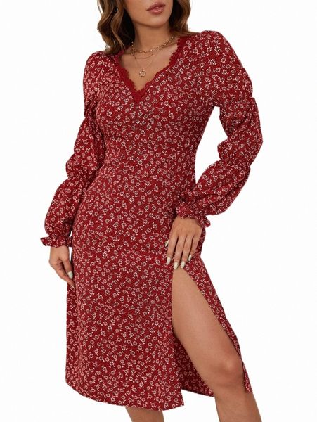 casual dresses ditsy floral split thigh contrast lace dress y0a7#, Black;gray