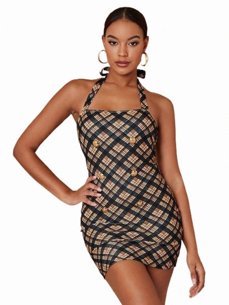 casual dresses plaid print tie backless halter bodycon dress e5p2#, Black;gray 
casual dresses plaid print tie backless halter bodycon dress e5p2#, Black;gray