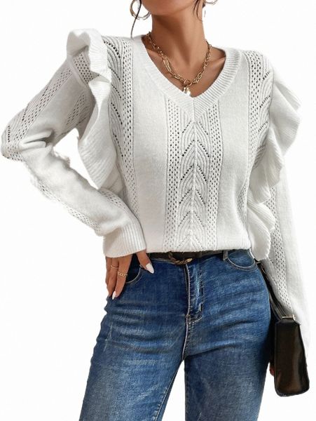 women's sweaters ruffle trim pointelle knit drop shoulder sweater b0i6#, White;black
women's sweaters ruffle trim pointelle knit drop shoulder sweater b0i6#, White;black