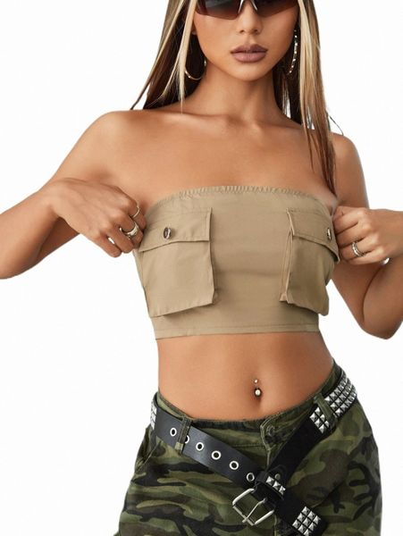 women's t-shirt flap pocket crop tube 2022 new e2f8#, White 
women's t-shirt flap pocket crop tube 2022 new e2f8#, White