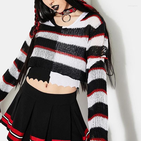 women's knits women y2k cropped o-neck ripped sweater see-through long sleeve hollow knitted contrast color stitching, White
women's knits women y2k cropped o-neck ripped sweater see-through long sleeve hollow knitted contrast color stitching, White