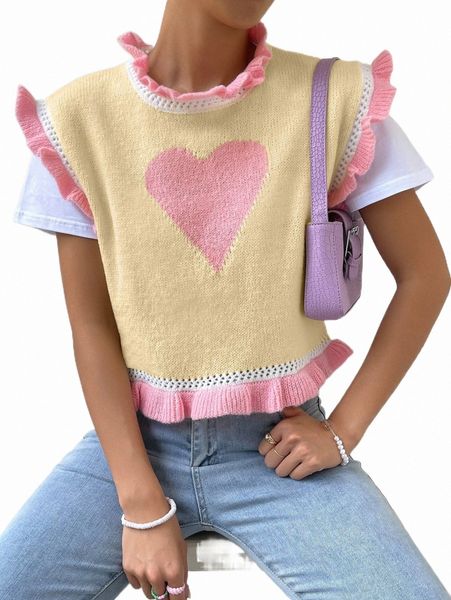 women's sweaters heart pattern ruffle trim sweater vest without tee n3fd#, White;black
women's sweaters heart pattern ruffle trim sweater vest without tee n3fd#, White;black