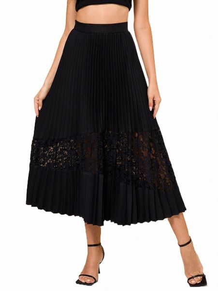 skirts x mina contrast lace pleated skirt 2022 new h4wa#, Black