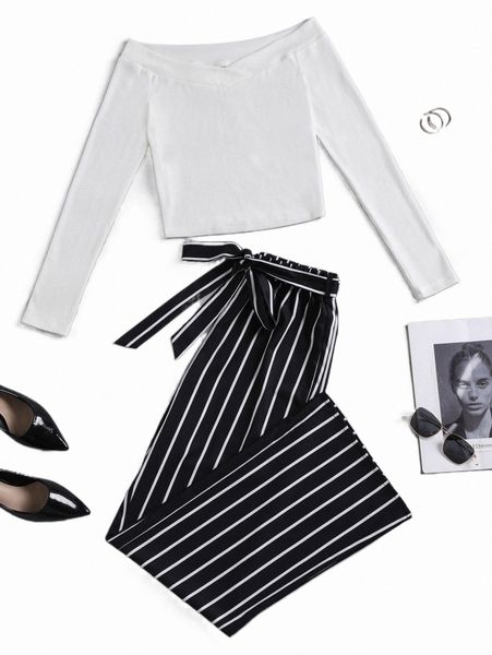 two piece dress bardot crop tee with striped belted pants i2wa#, White
two piece dress bardot crop tee with striped belted pants i2wa#, White