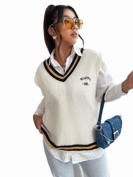 plus size t-shirt plus letter embroidered striped trim sweater vest without blouse z4xi#, Black
plus size t-shirt plus letter embroidered striped trim sweater vest without blouse z4xi#, Black
