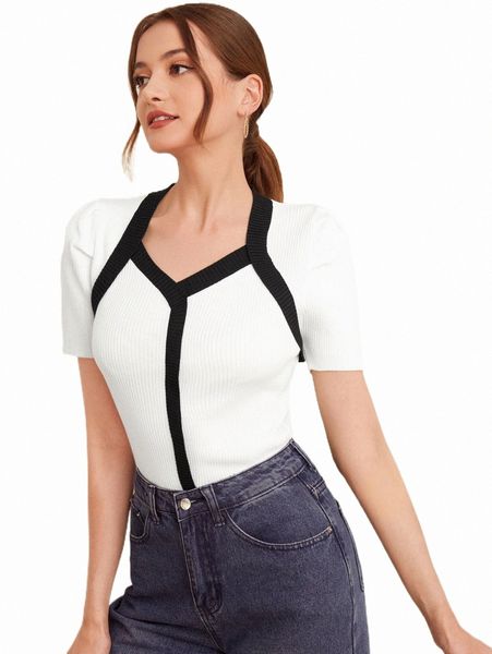 women's sweaters contrast trim puff sleeve ribbed knit r3fh#, White;black
women's sweaters contrast trim puff sleeve ribbed knit r3fh#, White;black