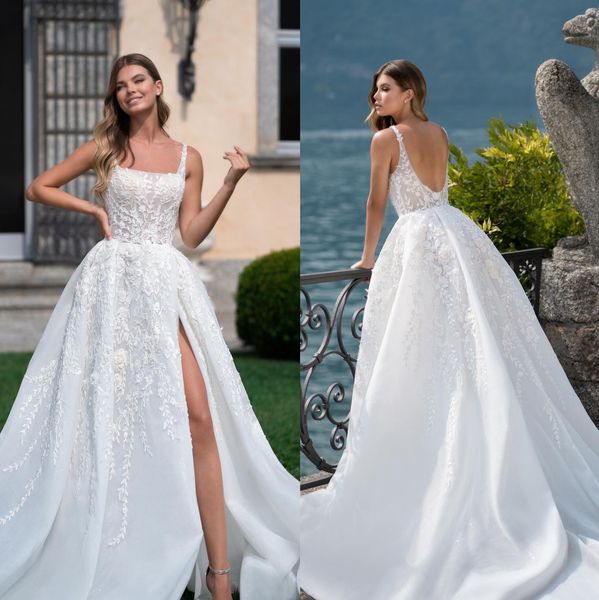 stylish lace wedding dresses appliqued bridal gowns square neck a line side split sweep train tulle robe de mariee, White
stylish lace wedding dresses appliqued bridal gowns square neck a line side split sweep train tulle robe de mariee, White