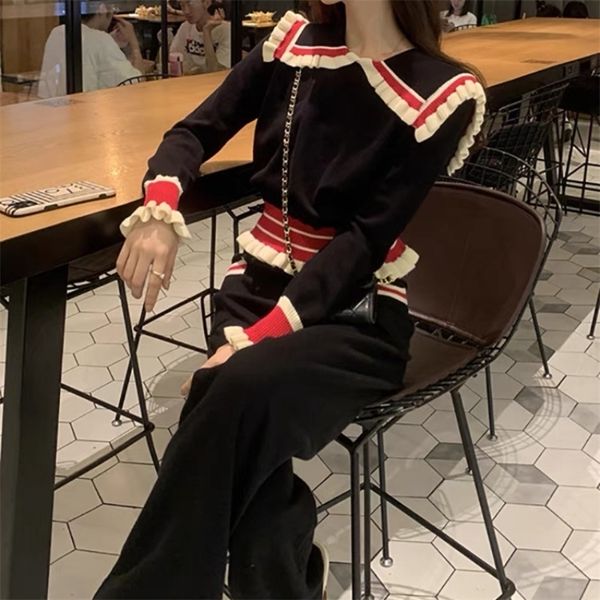 womens two piece pants fashion sweet girls set women knitted contrast color peter pan collar long sleeve sweater wide leg suits 220906, White
womens two piece pants fashion sweet girls set women knitted contrast color peter pan collar long sleeve sweater wide leg suits 220906, White