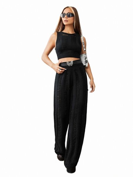 women's sweaters open stitch crop tank knit & knit pants without belt s1xj#, White;black
women's sweaters open stitch crop tank knit & knit pants without belt s1xj#, White;black