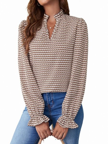 women's blouses & shirts allover print notched neck flounce sleeve blouse n1fx#, White
women's blouses & shirts allover print notched neck flounce sleeve blouse n1fx#, White
