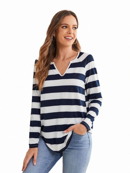 women's t-shirt emery rose notch neck striped print curved hem tee a8og#, White
women's t-shirt emery rose notch neck striped print curved hem tee a8og#, White