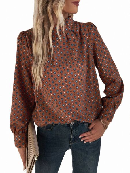 women's blouses & shirts allover print mock neck puff sleeve blouse d2kx#, White