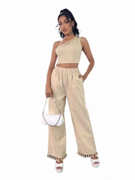 two piece dress fringe trim crop & wide leg pants set m5eg#, White