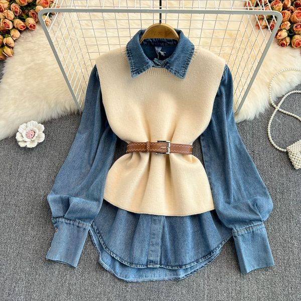 new korean chic has a slim waist shirt knitted vest two-piece set women's medium long denim shirt in spring and autumn, White
new korean chic has a slim waist shirt knitted vest two-piece set women's medium long denim shirt in spring and autumn, White