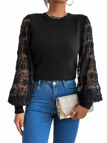 women's sweaters contrast floral embroidery mesh lantern sleeve sweater d2qy#, White;black
women's sweaters contrast floral embroidery mesh lantern sleeve sweater d2qy#, White;black