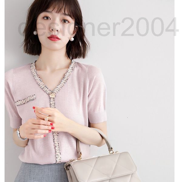 women's knits & tees designer small fragrance color contrast v-neck tassel sweater knit short sleeve women's summer thin style tem, White
women's knits & tees designer small fragrance color contrast v-neck tassel sweater knit short sleeve women's summer thin style tem, White