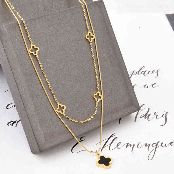 

Designer Four-leaf Clover Luxury Top jewelry accessories Pendant Necklaces Double Layered 18K Gold Stainless Steel Necklaces Jewelry for Women Gift Van Clee