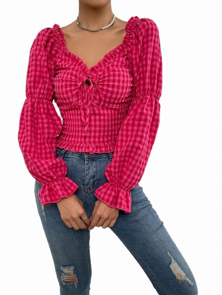 women's blouses & shirts gingham print drawstring front frill trim shirred blouse b2hu#, White
women's blouses & shirts gingham print drawstring front frill trim shirred blouse b2hu#, White