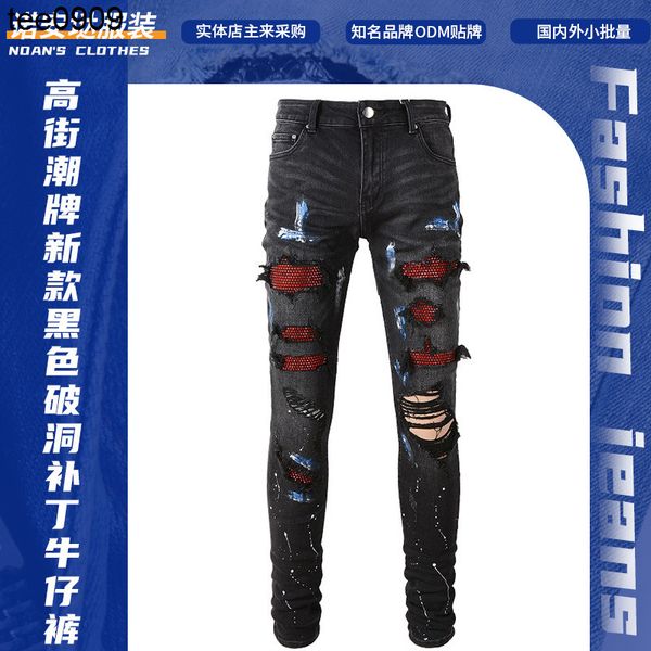 jeans high street fashion brand new black hole patch red diamond elastic pants male, Blue
jeans high street fashion brand new black hole patch red diamond elastic pants male, Blue