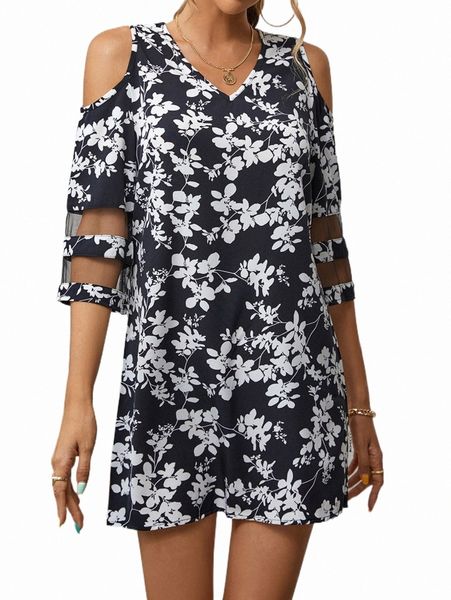 casual dresses floral print cut out sleeve tunic dress c23d#, Black;gray