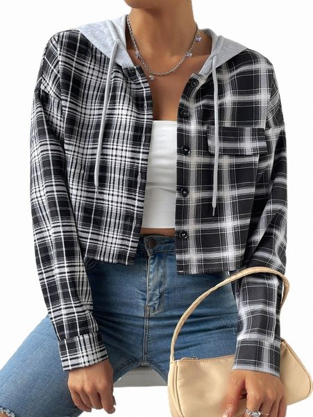 women's blouses & shirts plaid print drop shoulder drawstring hooded shirt e2nc#, White
women's blouses & shirts plaid print drop shoulder drawstring hooded shirt e2nc#, White