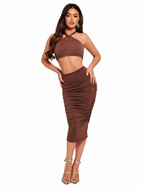two piece dress bae tie backless halter & ruched bodycon skirt j9xk#, White
two piece dress bae tie backless halter & ruched bodycon skirt j9xk#, White