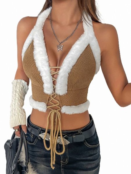 women's tanks & camis fuzzy trim lace up front backless crop halter w2d1#, White 
women's tanks & camis fuzzy trim lace up front backless crop halter w2d1#, White