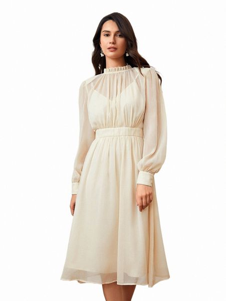 casual dresses frill trim mock neck dress 2022 new v8ag#, Black;gray