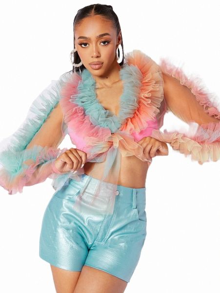 women's t-shirt colorblock ruffle trim tie front sheer mesh without bra h3rc#, White
women's t-shirt colorblock ruffle trim tie front sheer mesh without bra h3rc#, White