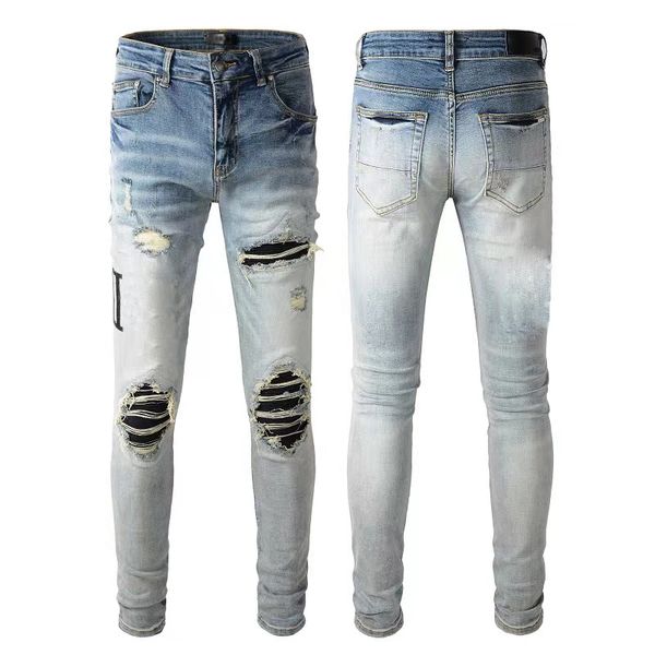 men designer jeans badge rips stretch black jeans fashion men's distressed ripped skinny eans slim motorcycle moto biker causal mens zi, Blue