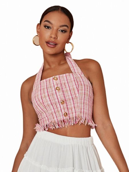 women's tanks & camis plaid pattern raw trim backless tweed halter r4rf#, White
women's tanks & camis plaid pattern raw trim backless tweed halter r4rf#, White