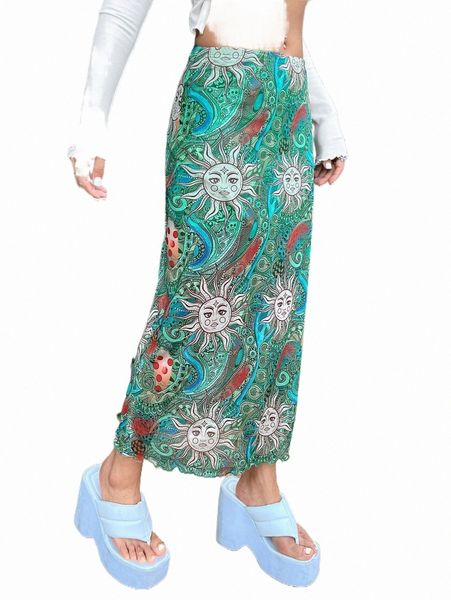 skirts grunge high waist paisley & sun print mesh skirt 28tc#, Black