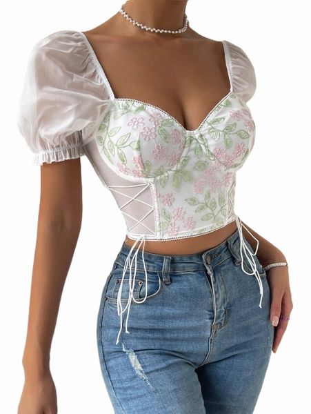 women's blouses & shirts floral embroidery sweetheart neck lace up sheer mesh crop y1ts#, White
women's blouses & shirts floral embroidery sweetheart neck lace up sheer mesh crop y1ts#, White