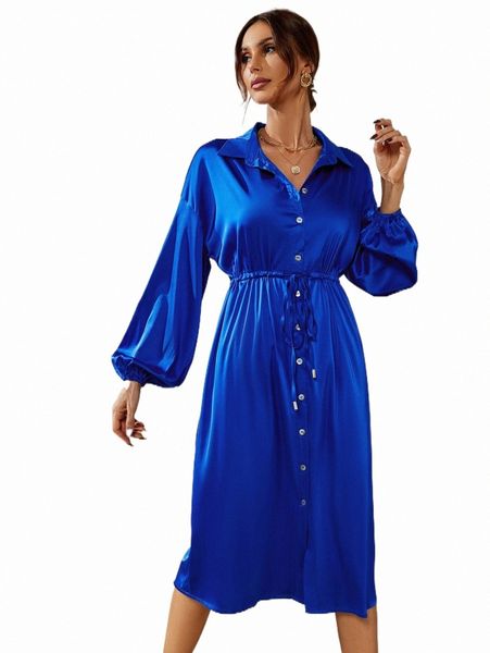 casual dresses bishop sleeve belted satin shirt dress o52o#, Black;gray