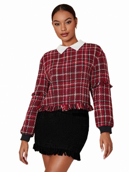 women's hoodies & sweatshirts contrast collar frayed trim plaid tweed pullover a18o#, Black
women's hoodies & sweatshirts contrast collar frayed trim plaid tweed pullover a18o#, Black