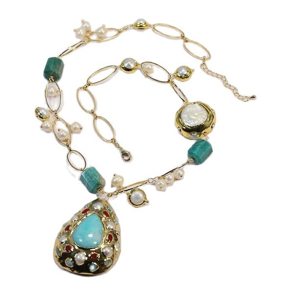 freshwater cultured white keshi pearl beaded green peruvian amazonite chain necklace jade larimar pendant, Silver
freshwater cultured white keshi pearl beaded green peruvian amazonite chain necklace jade larimar pendant, Silver