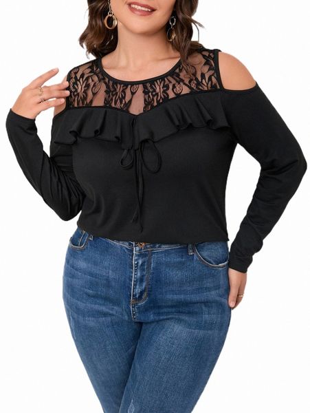 plus size t-shirt plus contrast lace cold shoulder ruffle trim tee v381#, Black
plus size t-shirt plus contrast lace cold shoulder ruffle trim tee v381#, Black