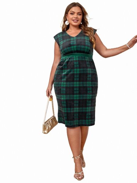 plus size dresses x retro peaches plus plaid print split back dress b81c#, Black