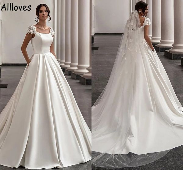 cap sleeves satin ball gown wedding dresses with pocket floral lace appliqued scoop neck modern bridal gowns sweep train elegant simple brid, White
cap sleeves satin ball gown wedding dresses with pocket floral lace appliqued scoop neck modern bridal gowns sweep train elegant simple brid, White