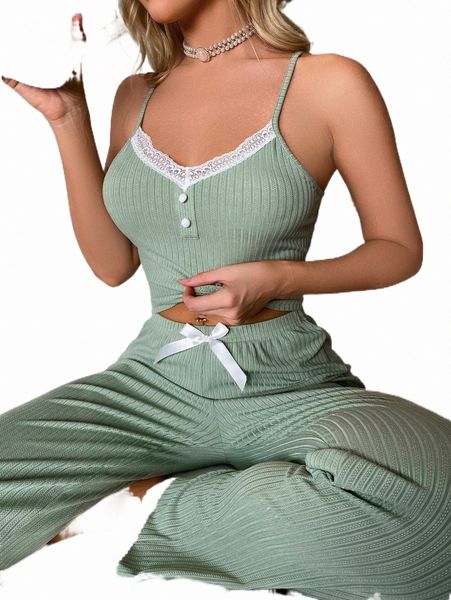 women's sleepwear contrast lace trim bow front pj set c33t#, Black;red