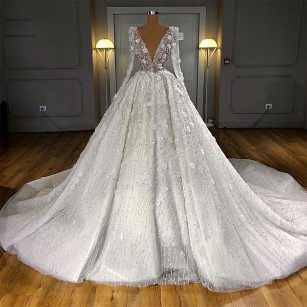 princess ball gown wedding dresses appliques deep v neck long sleeves sequins beads lace flowers ruffles floor length sparkling bridal gowns, White
princess ball gown wedding dresses appliques deep v neck long sleeves sequins beads lace flowers ruffles floor length sparkling bridal gowns, White