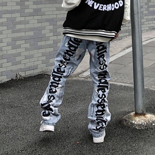 high street hole letter embroidery distressed jeans pants men's frayed straight loose casual denim trousers, Black;brown
high street hole letter embroidery distressed jeans pants men's frayed straight loose casual denim trousers, Black;brown