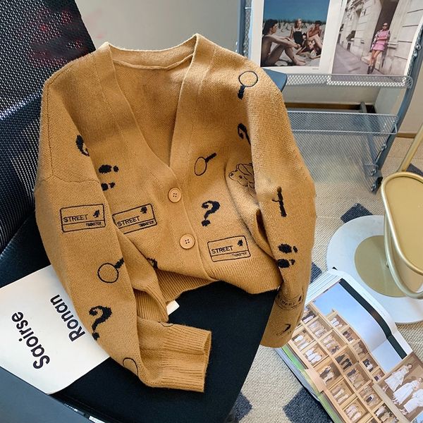 832 design sense embroidery pattern v-neck sweater jacket women's autumn new vintage loose and versatile long-sleeved knitwear, White;black
832 design sense embroidery pattern v-neck sweater jacket women's autumn new vintage loose and versatile long-sleeved knitwear, White;black