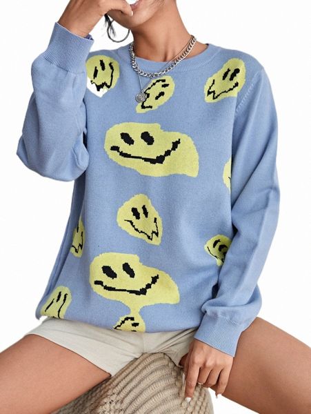 women's sweaters expression pattern round neck sweater w3gu#, White;black
women's sweaters expression pattern round neck sweater w3gu#, White;black