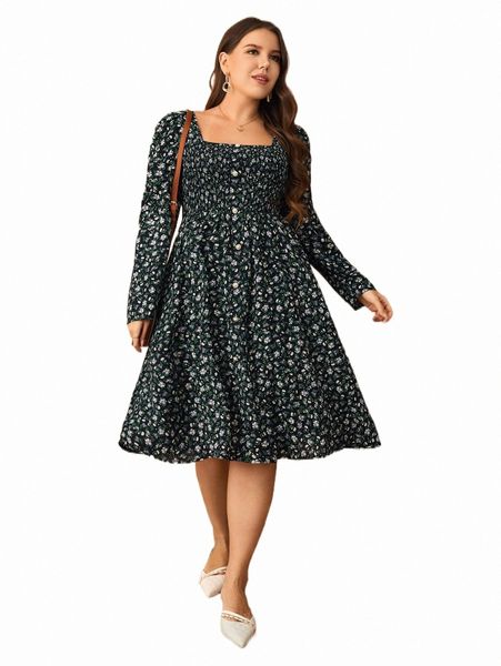 plus size dresses plus ditsy floral print square neck dress a2mo#, Black