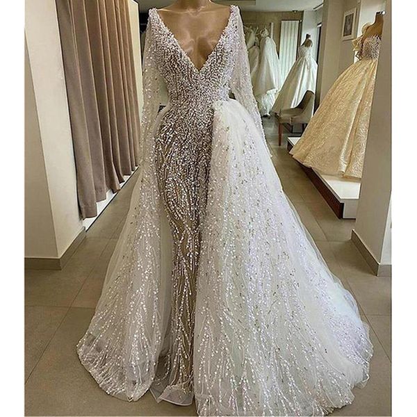 sparkling mermaid wedding dresses long sleeves deep v neck sequins appliques bridal gowns 3d lace detachable train ruffles bridal gowns swee, White
sparkling mermaid wedding dresses long sleeves deep v neck sequins appliques bridal gowns 3d lace detachable train ruffles bridal gowns swee, White