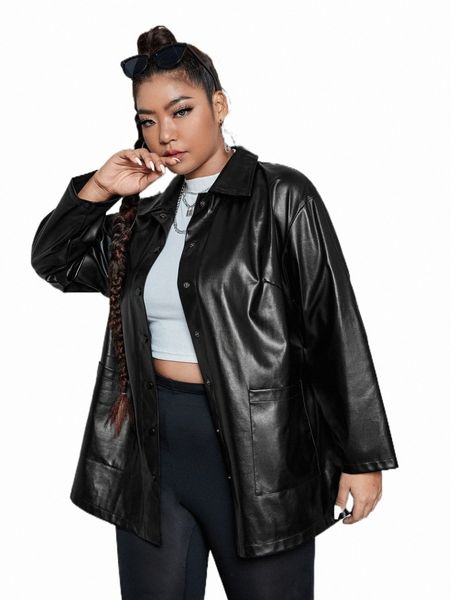 plus size outerwear & coats plus drop shoulder pu leather coat m7ed#, Black